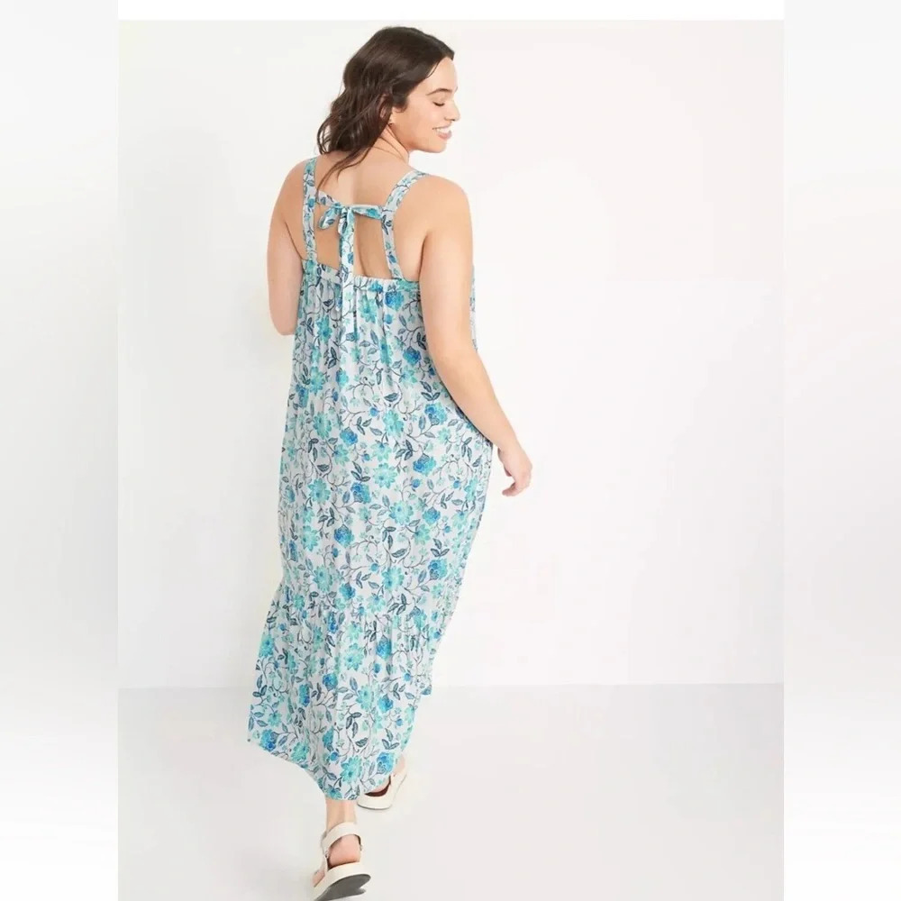 Old Navy‎ Blue Floral Sleeveless Tie Back Cut Out Maxi Swing Dress Size XS NEW